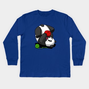 Funny Panda Bear Playing With Yarn Cartoon Knitting Kids Long Sleeve T-Shirt